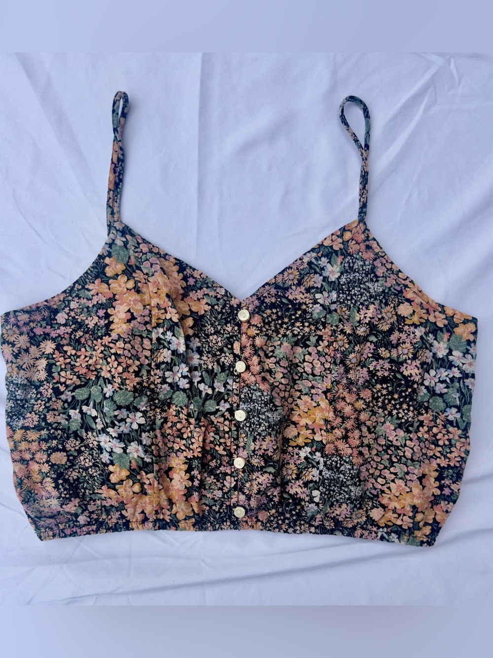 American Eagle Floral Button-Front Spaghetti Strap Crop Top Medium